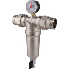 Фильтр с манометром TIEMME 1 1/4 со сгонами, с латунной колбой, промывной