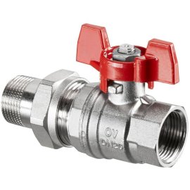 Кран шаровой OVENTROP Obtibal латунный рукоятка бабочкой, с одной стороны внутренняя резьба, с другой ниппель с наружной резьбой и накидной гайкой 1, 1075808