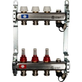 Коллектор из нержавеющей стали с расходомерами, с клапаном вып. воздуха и сливом STOUT 3 выхода
