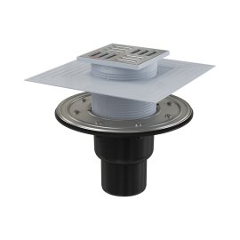 Сливной трап AlcaPlast 105x105/50/75 мм боковой сток, решетка из нержавеющей стали, фланец из нержавеющей стали, воротник изоляции 2–го уровня, гидрозатвор сухой и мокрый, APV4344
