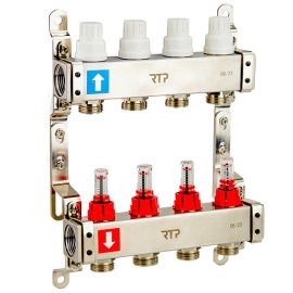 Коллекторная группа с расходомером и кронштейном (евроконус 3/4) нержавеющая сталь SUS 304 1х 4 выхода, RTP