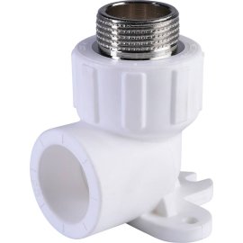 Угольник Политэк 25х3/4 с наружной резьбой с креплением для полипропиленовых труб под сварку (цвет белый), 9500082534