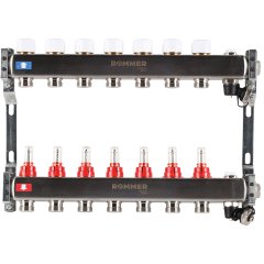 Коллектор из нержавеющей стали с расходомерами ROMMER, с клапаном вып. воздуха и сливом 7 выходов