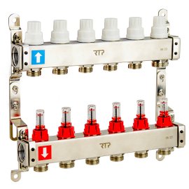 Коллекторная группа с расходомером и кронштейном (евроконус 3/4) нержавеющая сталь SUS 304 1х 6 выходов, RTP