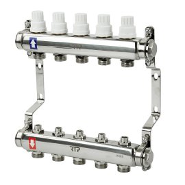 Коллекторная группа с ручными регулирующими клапанами и кронштейном (евроконус 3/4) нержавеющая сталь SUS 304 1х5 выходов, RTP