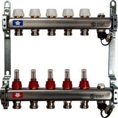 Коллектор из нержавеющей стали с расходомерами, с клапаном вып. воздуха и сливом STOUT 5 выходов