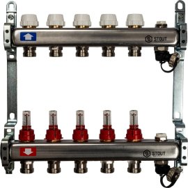 Коллектор из нержавеющей стали с расходомерами, с клапаном вып. воздуха и сливом STOUT 5 выходов