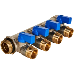 Коллектор с шаровыми кранами STOUT 3/4 , 4 отвода 1/2  (синие ручки)