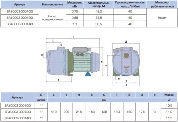 Насос поверхностный STOUT, корпус-нерж.сталь,раб.колесо-норил, Q-40л/мин, H-60,5м, SPJ-0003-000140