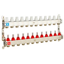 Коллекторная группа с расходомером и кронштейном (евроконус 3/4) нержавеющая сталь SUS 304 1х11 выходов, RTP
