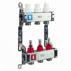 Коллекторная группа с расходомером и кронштейном (евроконус 3/4) нержавеющая сталь SUS 304 1х 3 выхода, RTP