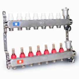 Коллекторная группа с регулирующими клапанами, расходомерами, воздухоотводчиками, обратными и дренажными клапанами, кронштейном (евроконус 3/4) нержавеющая сталь SUS 304 1х 7 выходов, RTP