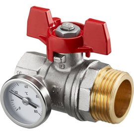 Кран шаровой Oventrop муфтовый BP 1 х НР 1 с термометром 0-80°C, с красной ручкой бабочкой, 1406484