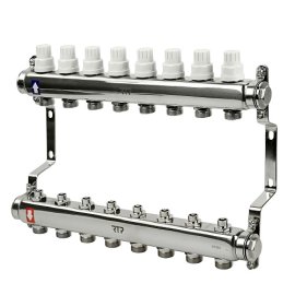 Коллекторная группа с ручными регулирующими клапанами и кронштейном (евроконус 3/4) нержавеющая сталь SUS 304 1х8 выходов, RTP
