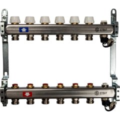 Коллектор из нержавеющей стали без расходомеров, с клапаном вып. воздуха и сливом STOUT 6 выходов