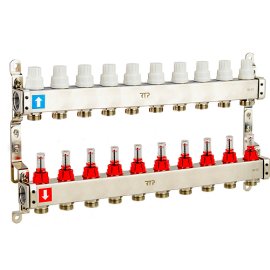 Коллекторная группа с расходомером и кронштейном (евроконус 3/4) нержавеющая сталь SUS 304 1х10 выходов, RTP