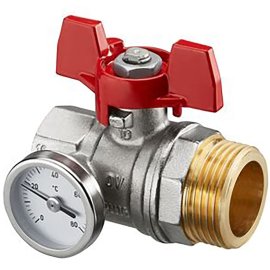 Шаровой кран OVENTROP красный маховик с термометром, 3/4 ВР x 1 НР,плоск. уплотн., 1406483