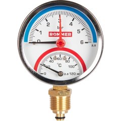 Термоманометр радиальный ROMMER 80 мм 120 градусов в комплекте с автоматическим запорным клапаном 1/2