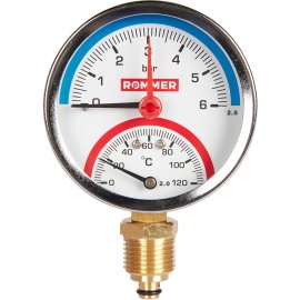 Термоманометр радиальный ROMMER 80 мм 120 градусов в комплекте с автоматическим запорным клапаном 1/2